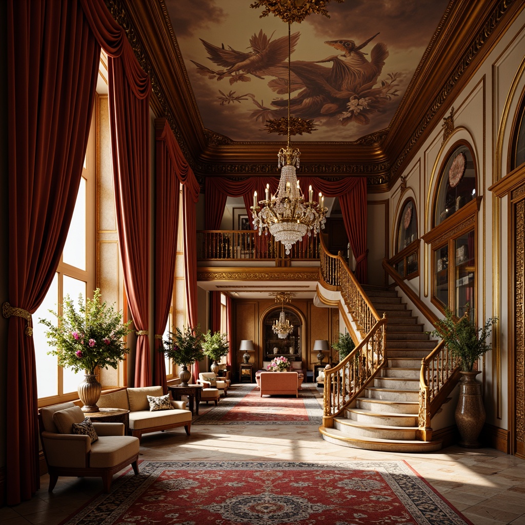 Prompt: Luxurious velvet drapes, intricately carved wooden furniture, gilded gold accents, ornate mirrors, crystal chandeliers, lavish flower arrangements, richly patterned rugs, marble flooring, grand staircases, sweeping archways, opulent tapestries, dramatic ceiling murals, warm golden lighting, shallow depth of field, 1/1 composition, realistic textures, ambient occlusion.