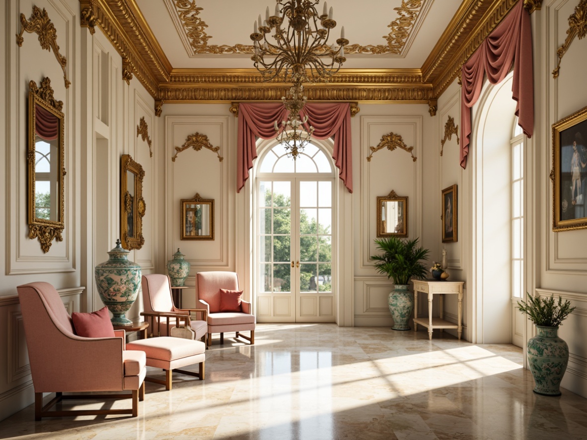 Prompt: Luxurious Rococo-style interior, soft golden lighting, creamy whites, rich wood tones, pastel pink accents, turquoise blue undertones, ornate gold leafing, intricate carvings, delicate porcelain vases, lavish velvet drapes, ornamental mirrors, gilded picture frames, elegant chandeliers, refined marble floors, subtle texture overlays, warm atmospheric ambiance, 1/1 composition, shallow depth of field, realistic reflections.