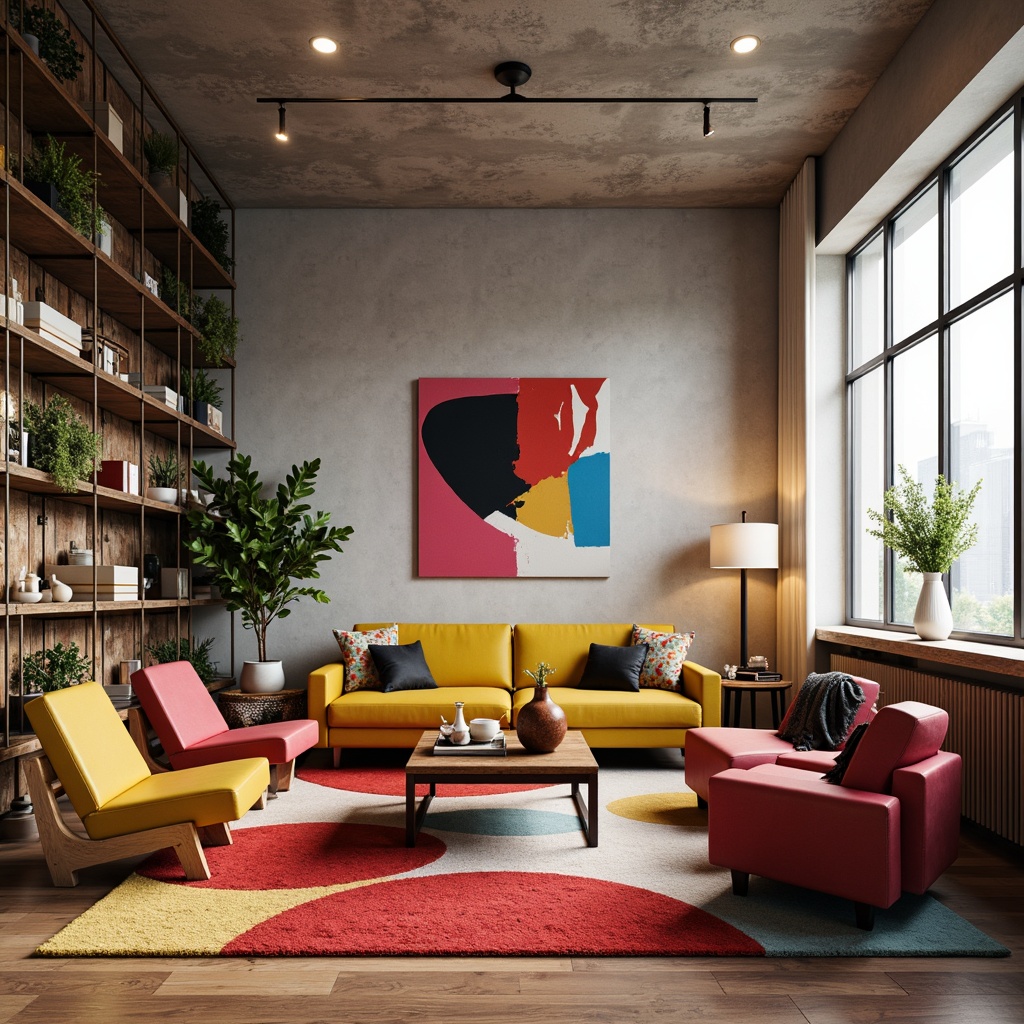 Prompt: Vibrant apartment interior, eclectic furniture arrangement, abstract art pieces, bold color schemes, geometric patterned rugs, low-poly coffee tables, sculptural chairs, oversized lamps, industrial metal shelves, reclaimed wood accents, minimalist decor, urban loft atmosphere, natural light pouring in, soft warm glow, 1/1 composition, shallow depth of field, cinematic lighting, realistic textures, ambient occlusion.