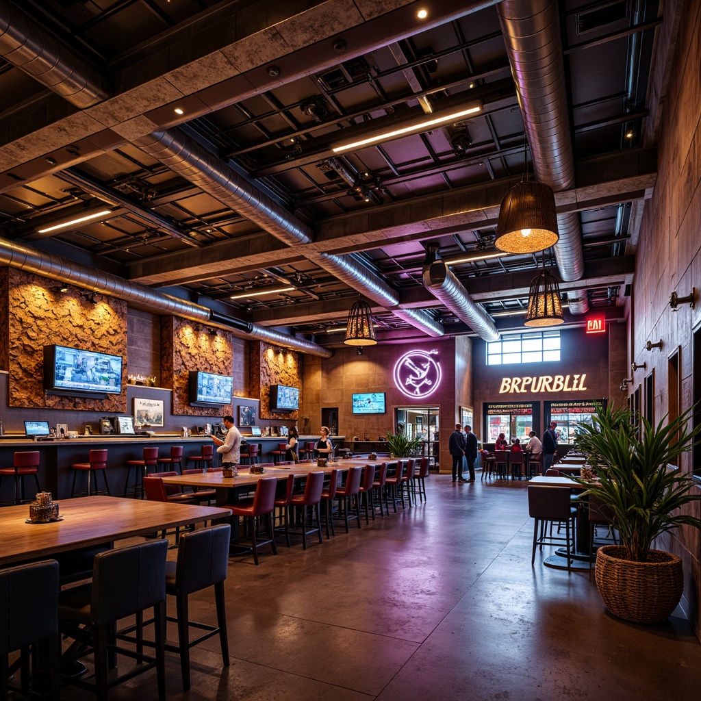 Prompt: Industrial chic casino interior, exposed ductwork, polished concrete floors, metallic beams, reclaimed wood accents, neon signage, LED strip lights, suspended light fixtures, geometric chandeliers, dimmable spotlights, warm ambient glow, high-contrast lighting, dramatic shadows, futuristic vibe, edgy textures, distressed finishes, luxurious upholstery, rich colors, bold patterns, dynamic composition, cinematic lighting, 1/2 camera angle, shallow depth of field.