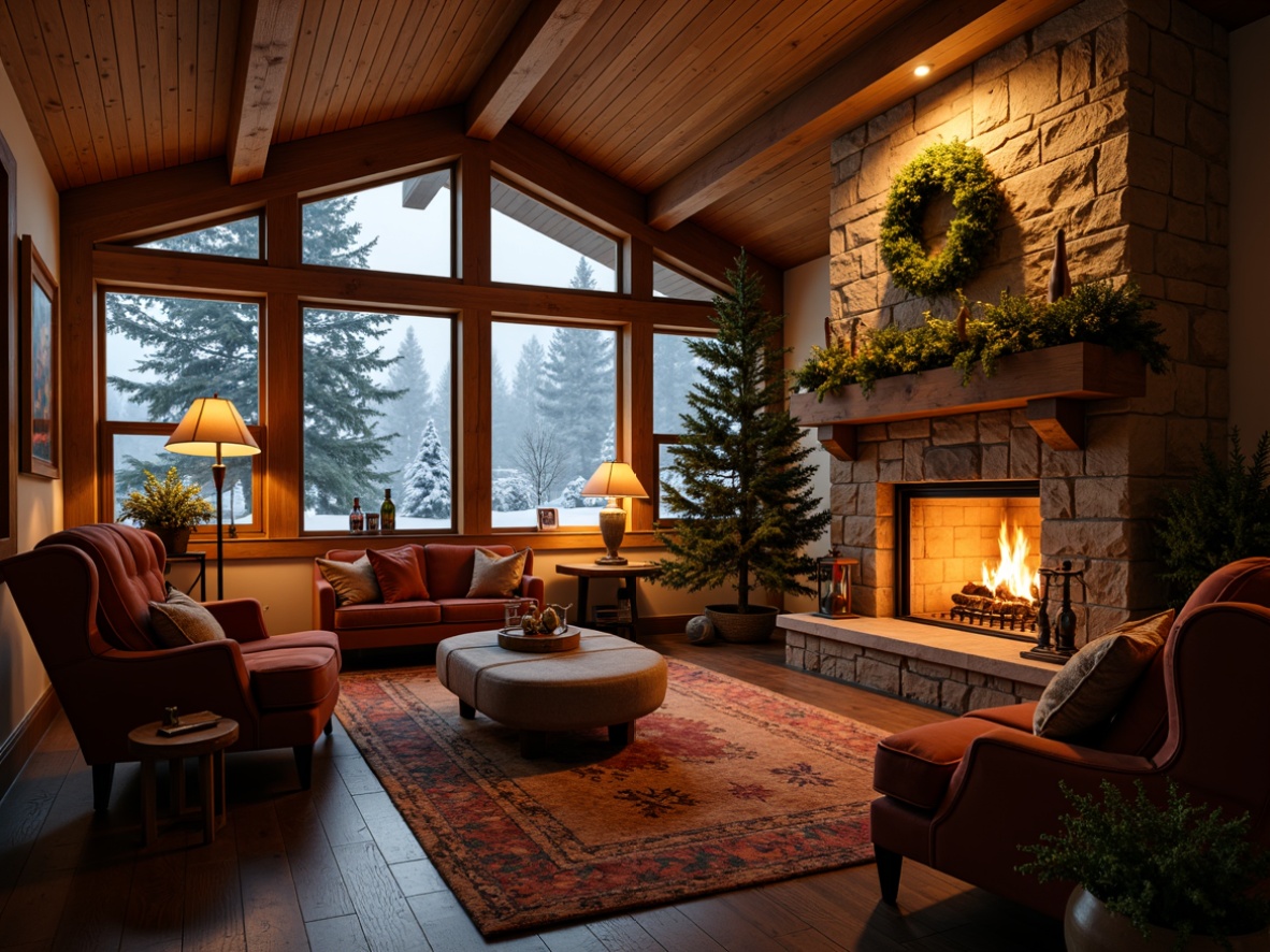 Prompt: Warm living room, crackling fireplace, rustic wooden mantel, plush armchairs, soft cushions, rich velvet fabrics, warm beige walls, dark hardwood floors, cozy reading nook, table lamps, warm golden lighting, festive holiday decorations, snowflakes outside, frosty windows, mountain lodge ambiance, stone walls, natural textures, 1/1 composition, intimate close-up shots, warm color palette, soft focus effect.