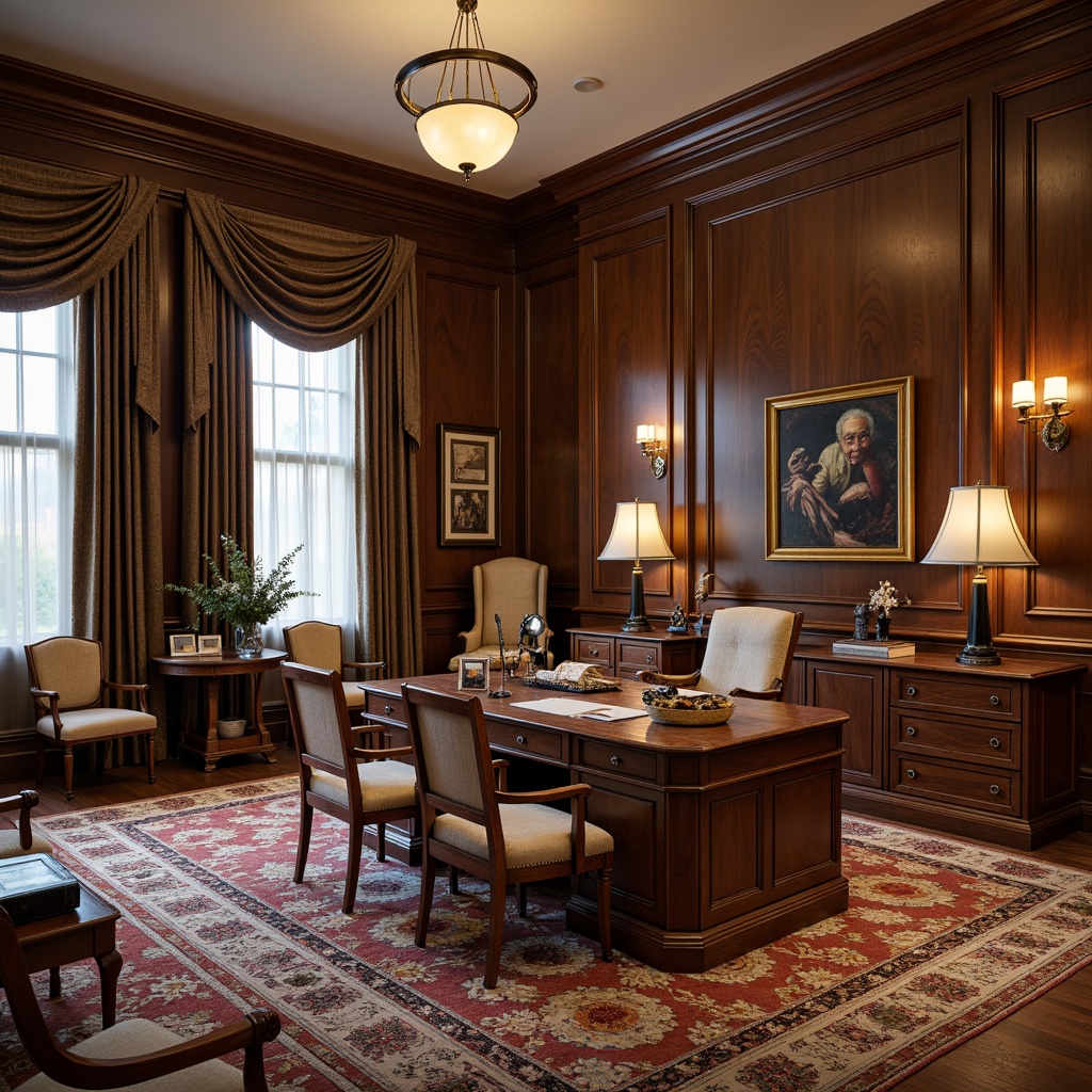 Prompt: Elegant executive office, rich wood paneling, ornate furnishings, luxurious fabrics, patterned rugs, statement lighting fixtures, refined desk accessories, leather-bound books, framed artwork, traditional architectural details, warm neutral color palette, soft natural light, subtle textures, 3/4 composition, shallow depth of field, realistic rendering.