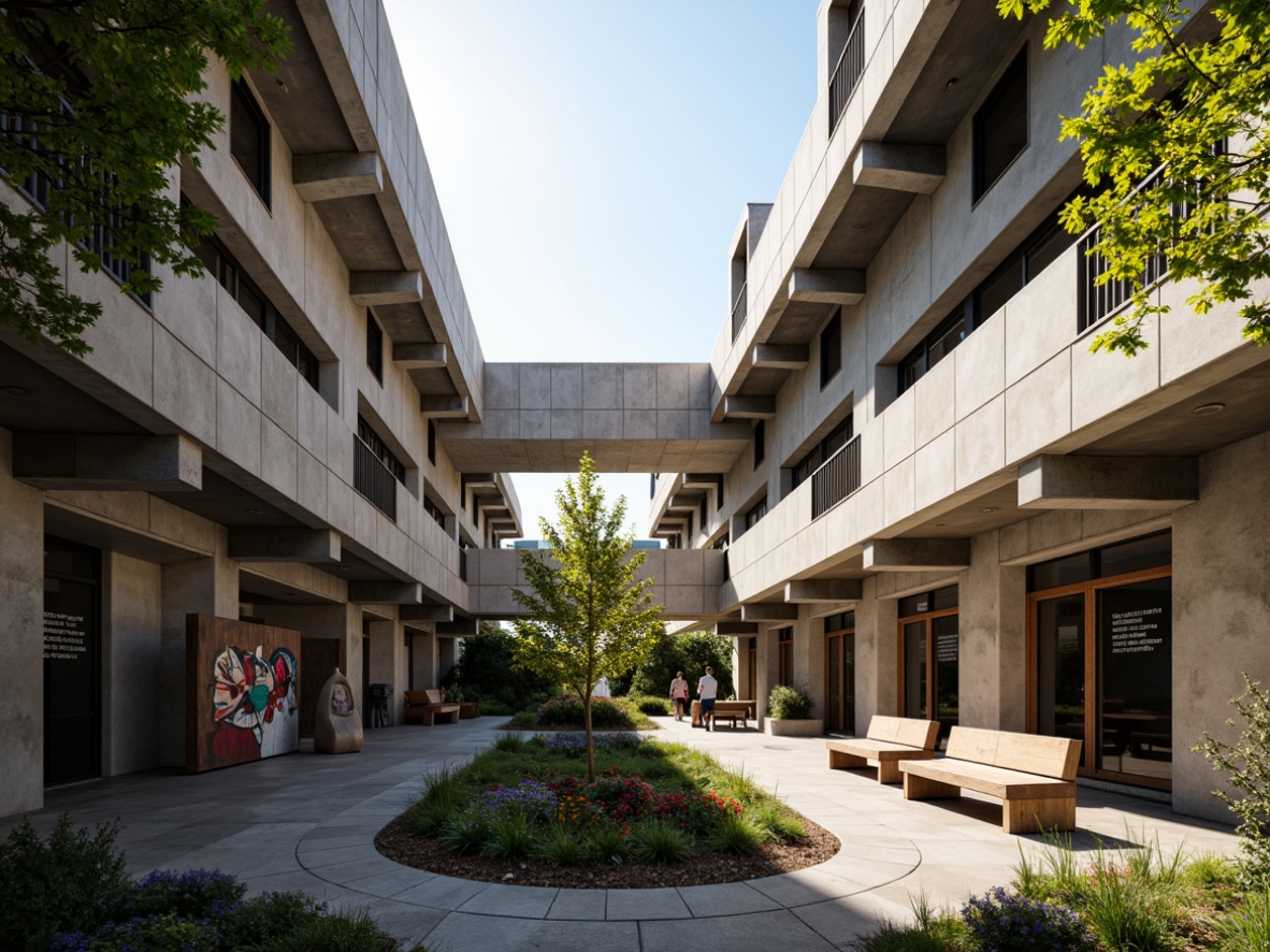 Prompt: Rugged high school campus, brutalist architecture, exposed concrete walls, industrial metal beams, raw textured surfaces, angular lines, dramatic natural light, open courtyard spaces, sprawling greenery, native plants, weathered wood benches, educational murals, abstract sculptures, minimalist signage, functional corridors, overhead walkways, urban cityscape views, warm afternoon lighting, shallow depth of field, 2/3 composition, cinematic framing.