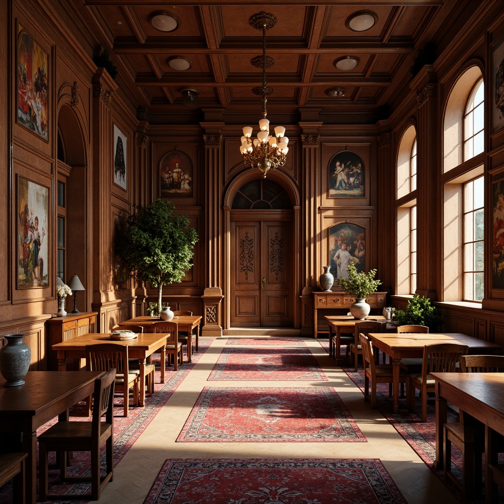 Prompt: Renaissance-style school interior, ornate wooden furniture, intricately carved chairs, polished oak tables, luxurious velvet curtains, richly patterned rugs, grand chandeliers, elegant archways, sophisticated color palette, warm golden lighting, subtle shadows, 1/2 composition, harmonious texture blending, realistic reflections, soft focus effect.