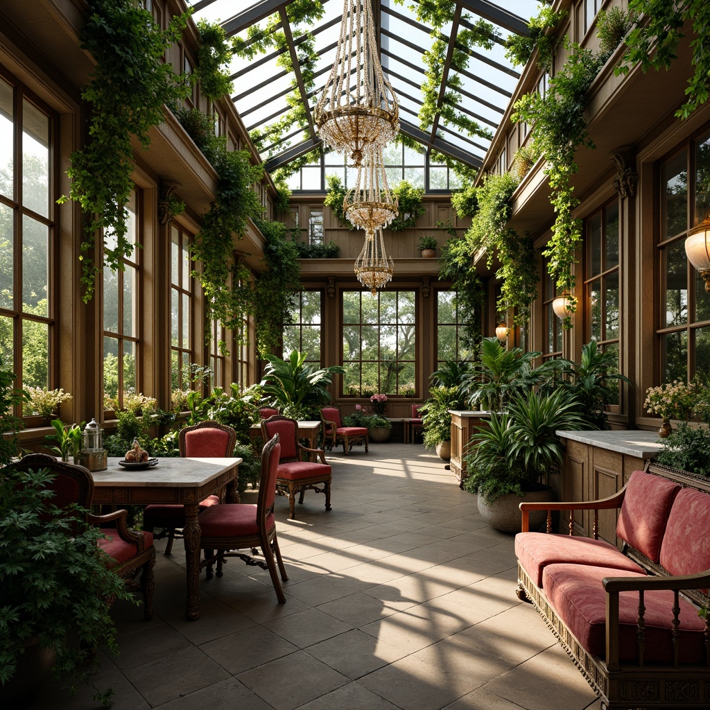 Prompt: Ornate greenhouse, lush greenery, vines, exotic plants, elegant baroque furniture, intricately carved wooden chairs, velvet sofas, ornamental mirrors, crystal chandeliers, golden accents, marble countertops, polished metal fixtures, soft warm lighting, shallow depth of field, 1/1 composition, realistic textures, ambient occlusion.