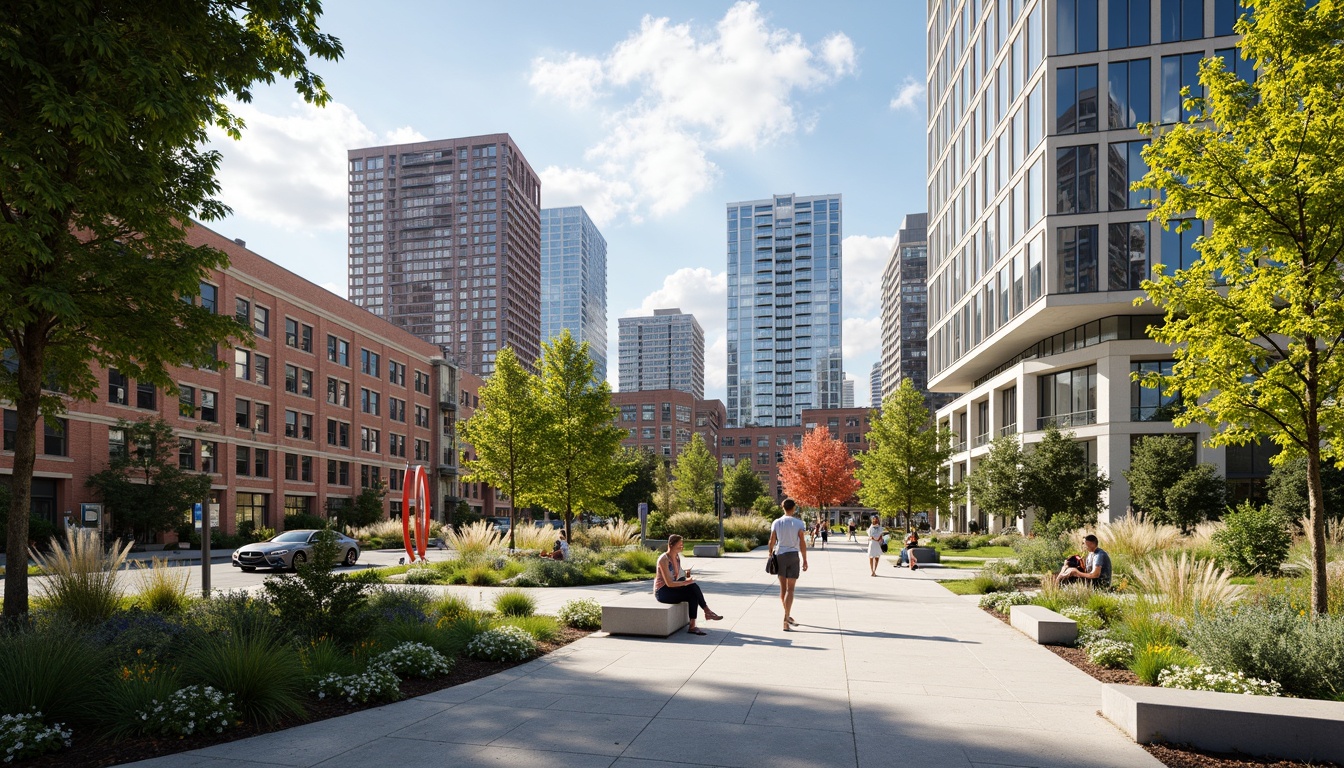 Prompt: Vibrant community plaza, lush greenery, modern street furniture, interactive art installations, dynamic lighting systems, pedestrian-friendly walkways, sleek metal benches, urban skyscrapers, glass facades, bustling city atmosphere, warm sunny day, shallow depth of field, 3/4 composition, panoramic view, realistic textures, ambient occlusion.