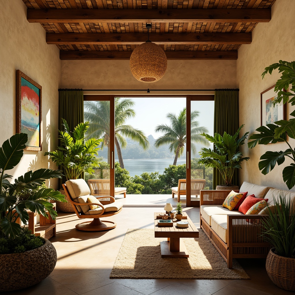 Prompt: Lush tropical plants, natural woven fibers, warm beige walls, reclaimed wood accents, rattan furniture, vibrant colorful textiles, intricate island-inspired patterns, high ceilings, large windows, sliding glass doors, seamless indoor-outdoor transitions, airy open spaces, soft diffused lighting, warm sunny day, shallow depth of field, 3/4 composition, panoramic view, realistic textures, ambient occlusion.