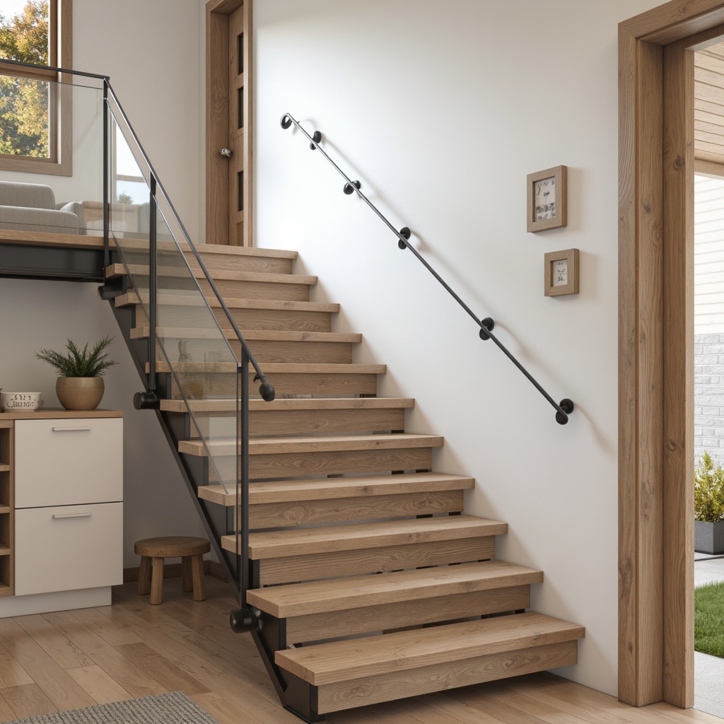 Prompt: Minimalist Scandinavian staircase, sleek metal handrails, wooden treads, light-colored walls, Nordic-inspired decor, cozy ambiance, soft warm lighting, shallow depth of field, 3/4 composition, realistic textures, ambient occlusion, modern minimalist design, industrial-chic aesthetic, stainless steel fixtures, matte black accents, natural wood tones, subtle curves, geometric patterns, frosty glass balusters, delicate metal rods, elegant simplicity.