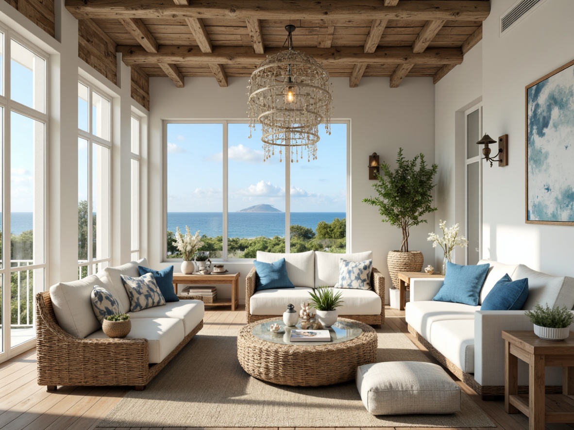 Prompt: Coastal themed interior, beachy vibe, driftwood accents, soft blue and white color palette, natural textiles, woven rattan furniture, sea glass chandeliers, nautical rope lighting, pendant lanterns, distressed metal fixtures, shell-adorned sconces, ocean-inspired wall art, calming ambient lighting, warm sunny day, shallow depth of field, 1/1 composition, realistic textures, subtle ocean breeze sounds.