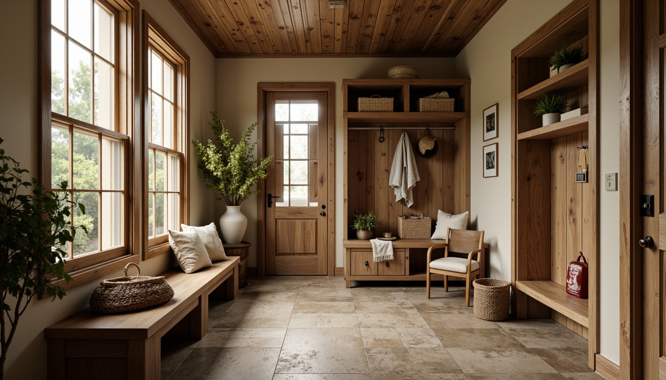 Prompt: Rustic mudroom, earthy tones, natural materials, wooden accents, stone flooring, warm beige walls, rich brown furniture, metallic hardware, soft creamy lighting, cozy atmosphere, functional storage units, woven baskets, vintage outdoor gear, distressed finishes, nature-inspired decor, organic textures, calming ambiance, shallow depth of field, 1/1 composition, realistic rendering.