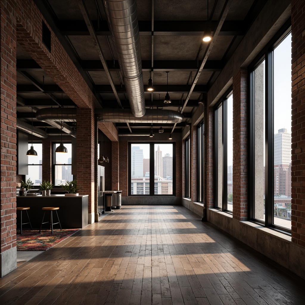 Prompt: Exposed brick walls, metal beams, reclaimed wood floors, industrial-style lighting fixtures, concrete textures, urban cityscape views, gritty urban atmosphere, converted warehouse spaces, modern minimalist decor, functional pipes and ducts, distressed finishes, metallic color palette, moody atmospheric lighting, shallow depth of field, 2/3 composition, realistic materials, ambient occlusion.