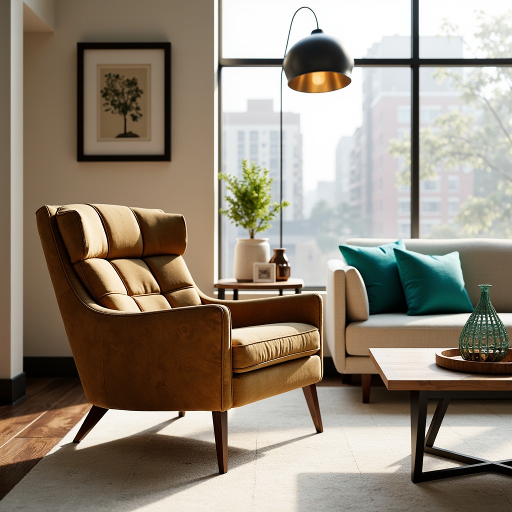 Prompt: Mid-century modern armchair, velvet upholstery, tufted details, wooden legs, minimalist coffee table, geometric metal base, industrial chic decor, reclaimed wood accents, vibrant turquoise throw pillows, abstract art pieces, large windows, natural daylight, warm beige walls, soft cream carpets, subtle texture contrast, 3/4 composition, shallow depth of field, realistic renderings, ambient occlusion.