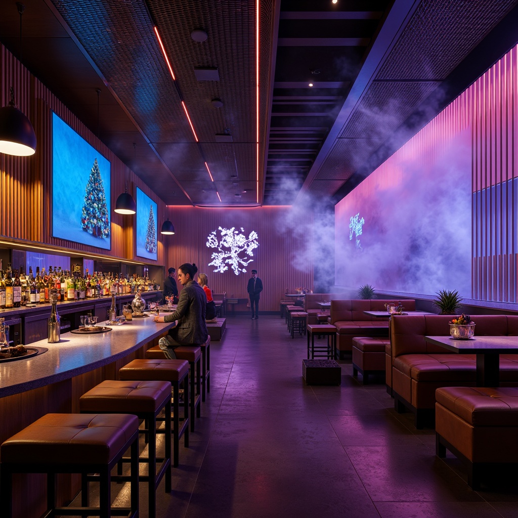 Prompt: Luxurious nightclub, sleek bar counter, metallic accents, neon lights, LED displays, futuristic design, curved lines, polished wood surfaces, leather stools, champagne bottles, cocktail glasses, ice buckets, fruit garnishes, dimmed lighting, soft focus, atmospheric smoke, misty ambiance, 1/1 composition, low-angle shot.