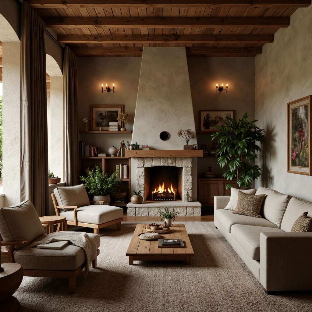 Prompt: Cozy living room, textured walls, earthy color palette, natural stone accents, wooden furniture, plush carpets, warm lighting, ambient shadows, 3/4 composition, shallow depth of field, realistic textures, soft focus, intimate atmosphere, inviting decor.