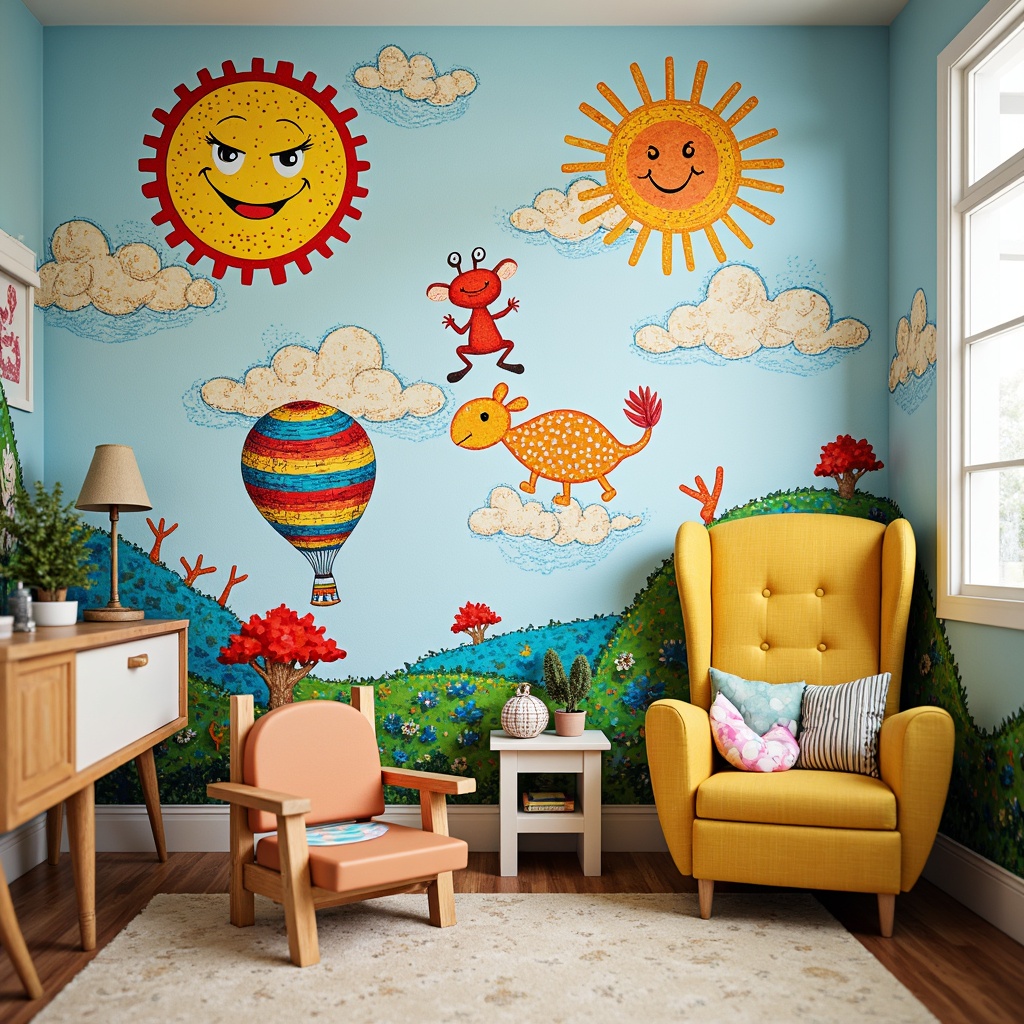 Prompt: Vibrant kids' room, whimsical wall art, expressive brushstrokes, bold color palette, playful polka dots, curly patterns, imaginative creatures, friendly cartoon characters, textured canvas, acrylic paint, splatter effects, abstract shapes, dreamy landscapes, sunny skies, fluffy clouds, happy emotions, warm lighting, cozy atmosphere, creative freedom, youthful energy, 1/1 composition, shallow depth of field, soft focus.