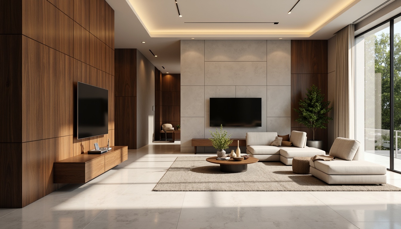 Prompt: Luxurious living room, smooth marble flooring, glossy wooden panels, sleek metal accents, minimalist decor, soft warm lighting, shallow depth of field, 1/1 composition, realistic reflections, ambient occlusion, calm atmosphere, subtle textures, neutral color palette, elegant furniture pieces, curved lines, sophisticated ambiance, refined interior design.