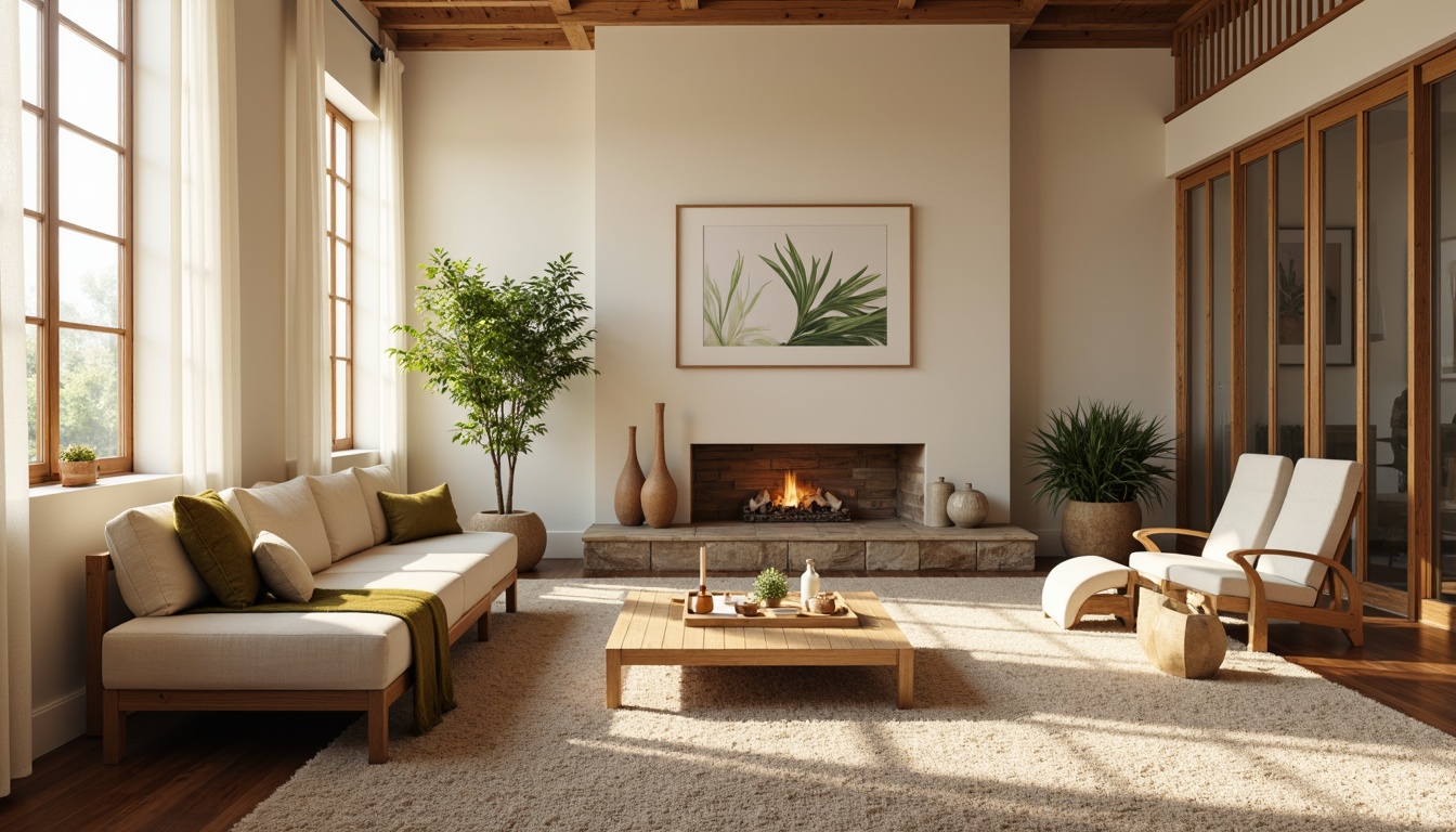 Prompt: Calming living room, soft cream walls, rich walnut furniture, plush beige carpets, velvety moss-green accents, natural stone fireplace, warm golden lighting, cozy throw blankets, earthy terracotta vases, serene botanical prints, organic shapes, harmonious color balance, 1/1 composition, shallow depth of field, realistic textures.