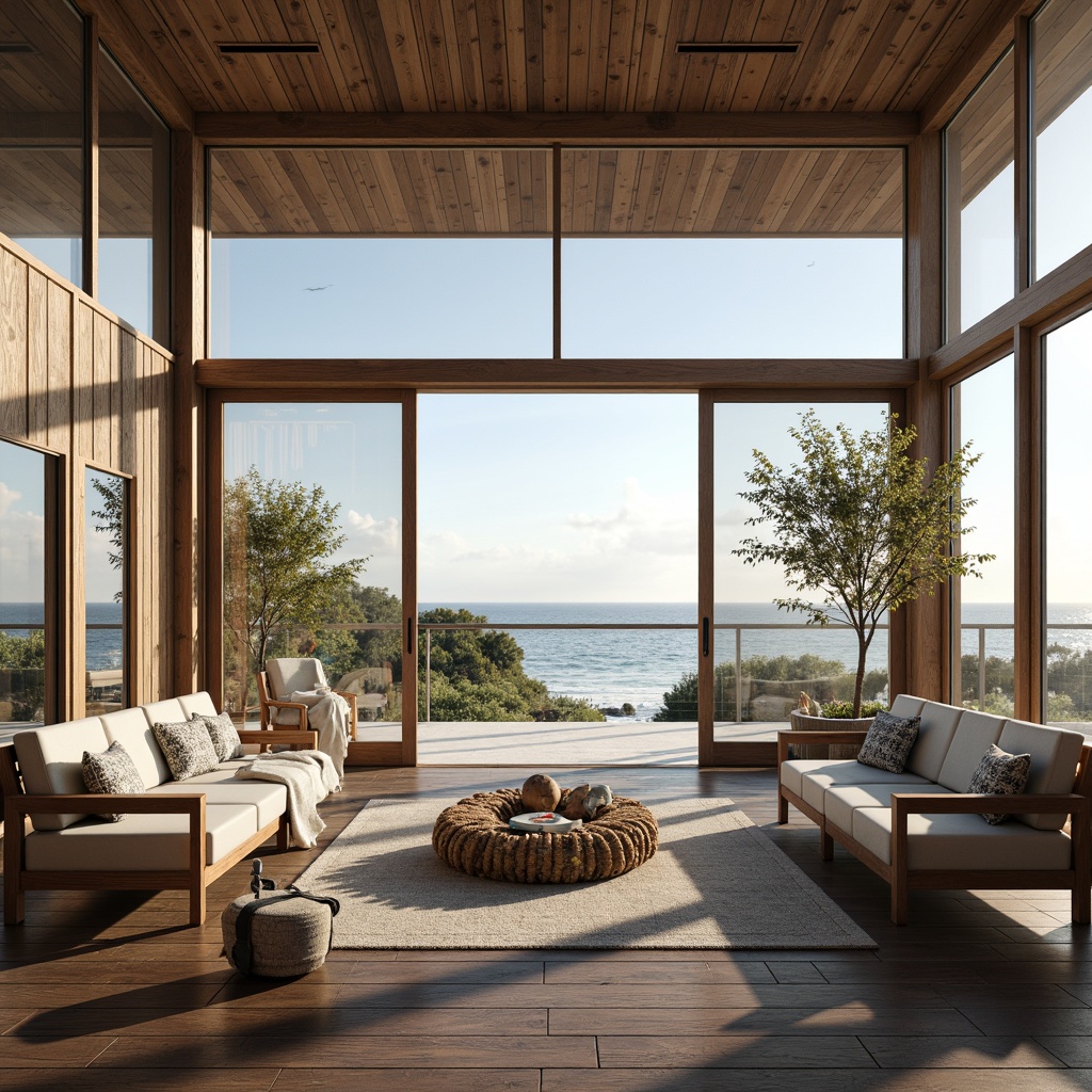 Prompt: Coastal youth center, large windows, sliding glass doors, ocean views, natural light pouring in, airy open spaces, wooden accents, nautical theme, distressed wood furniture, beach-inspired decor, woven textiles, sea salt air, soft warm lighting, shallow depth of field, 1/1 composition, panoramic view, realistic textures, ambient occlusion.