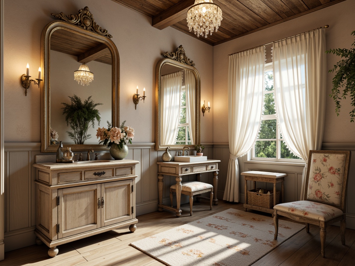 Prompt: Rustic French country powder room, distressed wooden furniture, ornate mirrors, soft pastel colors, toile de Jouy fabrics, elegant gold accents, crystal chandeliers, lace curtains, antique vanity tables, ornamental flowers, candlelight ambiance, shallow depth of field, 1/1 composition, warm softbox lighting, realistic textures, ambient occlusion.