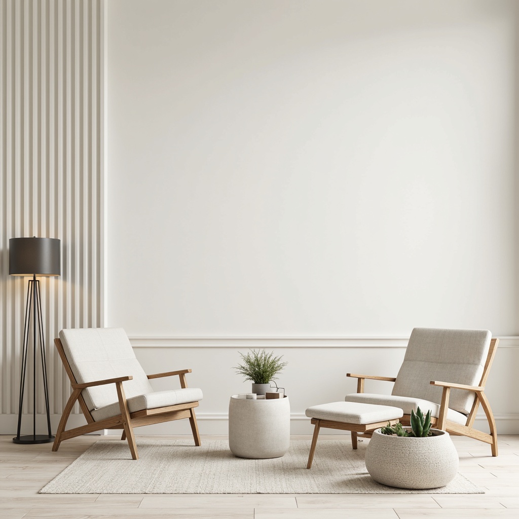 Prompt: Monochromatic background, soft pastel hues, creamy whites, gentle grays, subtle texture, clean lines, minimal ornamentation, ample negative space, Scandinavian-inspired furniture, sleek metal accents, natural wood tones, matte finishes, warm ambient lighting, shallow depth of field, 2/3 composition, realistic render, atmospheric perspective.