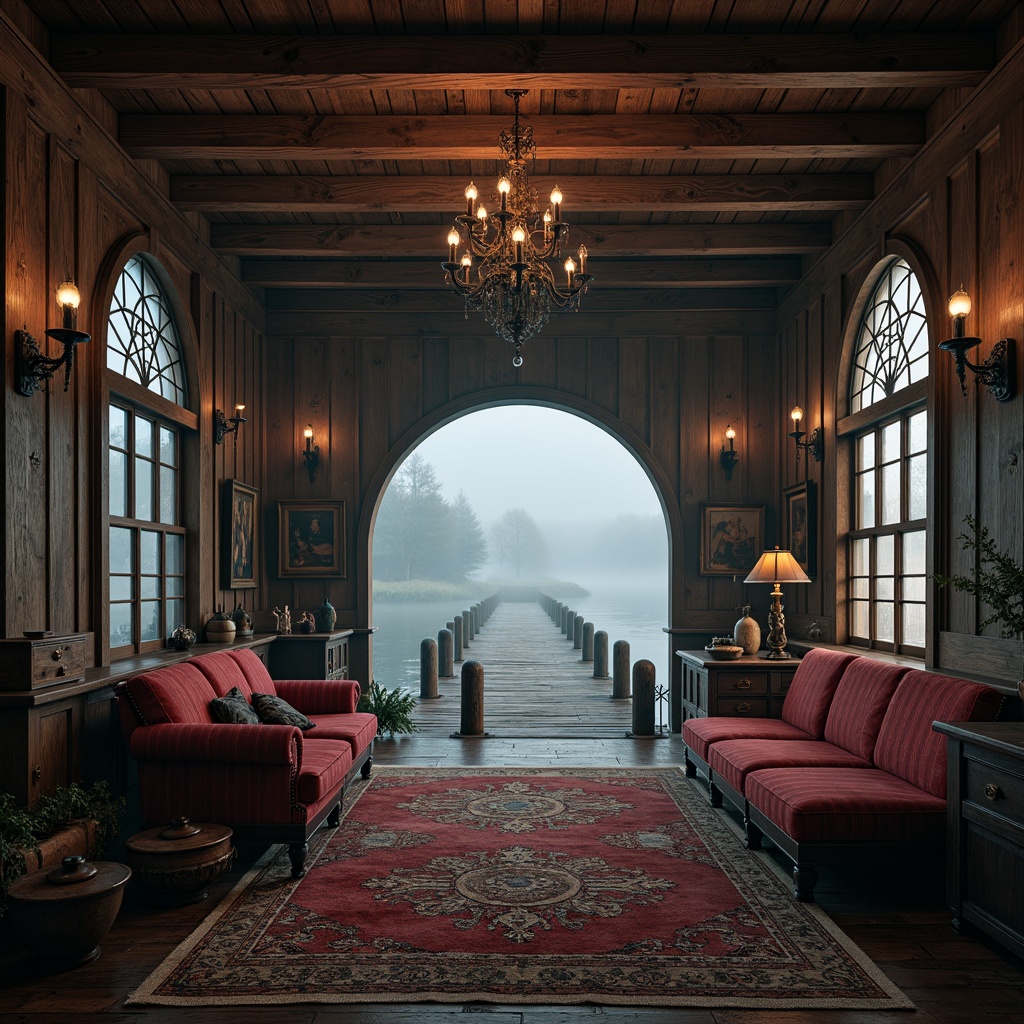 Prompt: Rustic boathouse, gothic arches, wooden dock, misty lake, foggy morning, mysterious atmosphere, dim warm lighting, rich wood tones, vintage nautical instruments, antique furniture, ornate metalwork, distressed finishes, velvety drapes, luxurious upholstery, intricate carvings, grand chandeliers, dramatic ceilings, stained glass windows, ornamental rugs, mystical artifacts, eerie shadows, 1/1 composition, cinematic lighting, realistic reflections.