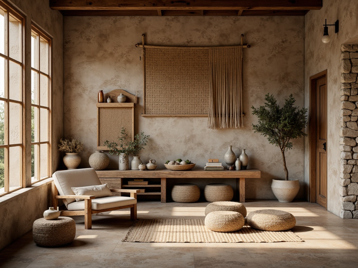 Prompt: Rustic stone walls, earthy tone plaster, distressed wood accents, woven bamboo textures, natural fiber fabrics, organic shapes, eclectic decor, vintage artifacts, warm ambient lighting, soft shadows, 1/2 composition, realistic renderings, subtle grain details.