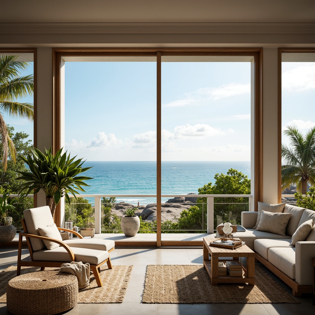 Prompt: Coastal living room, large windows, sliding glass doors, ocean views, natural light pouring in, soft warm glow, beachy atmosphere, driftwood accents, sea salt air, calming color palette, blues and whites, sandy neutrals, woven textiles, jute rugs, reclaimed wood furniture, nautical decor, potted palms, tropical plants, sunny day, high ceilings, airy feel, 1/1 composition, softbox lighting, realistic reflections.