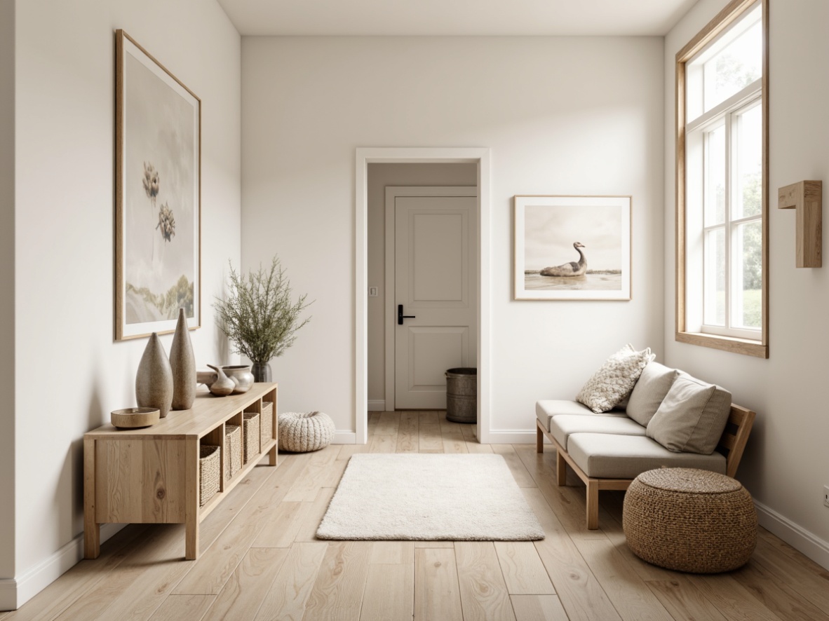 Prompt: Minimalist hallway, light wood flooring, creamy white walls, modern Scandinavian furniture, sleek low-profile sofas, natural textiles, woven baskets, industrial metal lighting, geometric patterns, minimalist decor, functional storage units, Nordic-inspired accessories, cozy throw blankets, warm beige tones, soft diffused lighting, shallow depth of field, 1/2 composition, realistic wood textures, ambient occlusion.