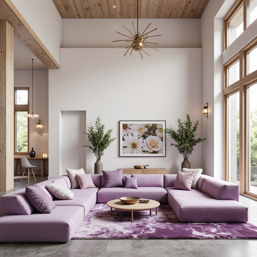 Prompt: Pastel purple accents, soft lavender hues, creamy white walls, rich wood tones, elegant gold fixtures, luxurious velvet furniture, natural stone flooring, subtle floral patterns, airy open spaces, modern minimalist decor, floor-to-ceiling windows, abundant natural light, warm softbox lighting, shallow depth of field, 1/1 composition, realistic textures, ambient occlusion.