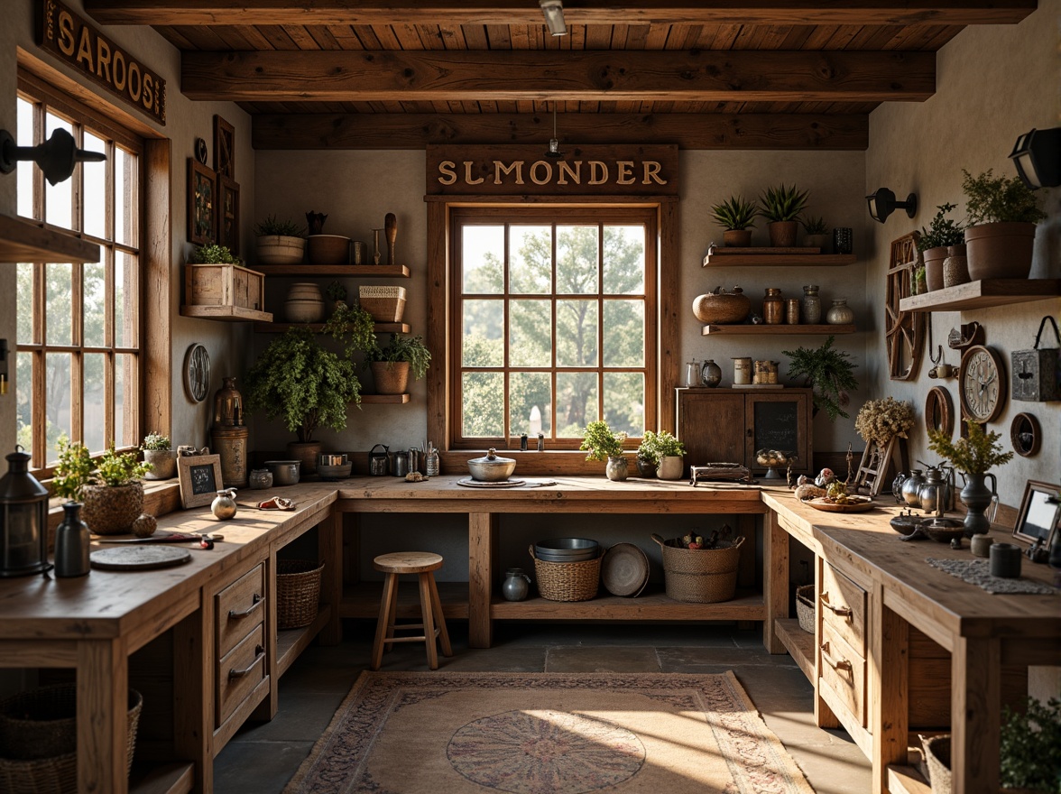 Prompt: Rustic craft room, wooden workbenches, vintage tools, earthy color palette, distressed wood textures, metal lanterns, woven baskets, natural fiber rugs, wooden crates, industrial shelving units, metal storage bins, rustic metal signs, reclaimed wood accents, warm soft lighting, shallow depth of field, 1/1 composition, cozy atmosphere.