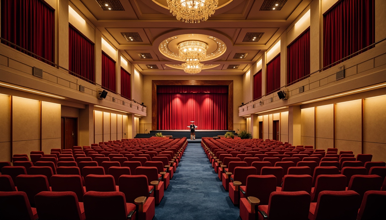 Prompt: Vibrant red stage curtains, rich walnut wood accents, luxurious velvet seats, subtle golden lighting, warm beige walls, sleek modern architecture, grand high ceilings, dramatic spotlights, elegant chandeliers, ornate metal railings, plush dark blue carpets, sophisticated cream-colored columns, refined silver hardware, soft diffused lighting, 1/2 composition, intimate atmospheric perspective.