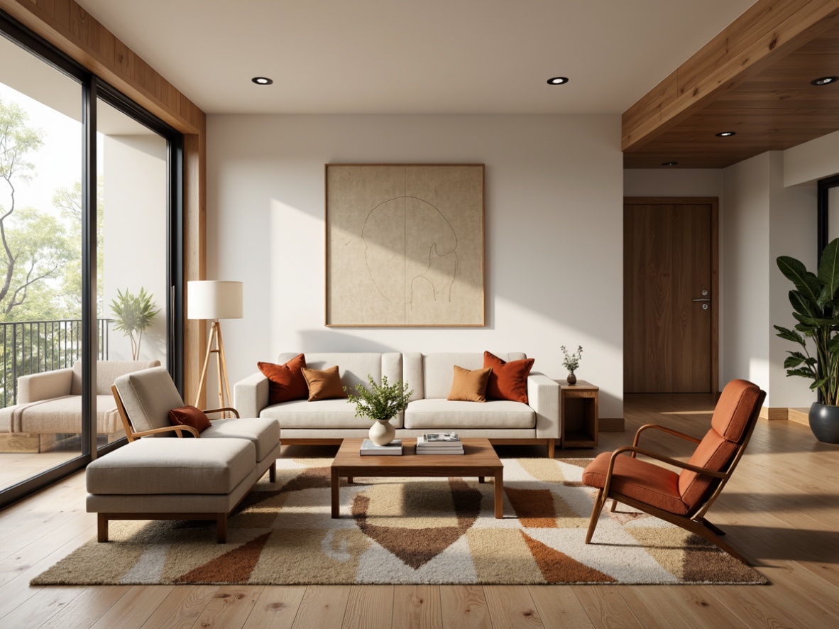 Prompt: Mid-century modern living room, sleek wooden floors, large windows, natural light, minimalist decor, retro-inspired furniture, tufted sofas, walnut coffee tables, geometric-patterned rugs, angular armchairs, brass lamp fixtures, organic-shaped side tables, vintage decorative accessories, warm beige color palette, soft ambient lighting, shallow depth of field, 1/1 composition, realistic textures, subtle normal mapping.