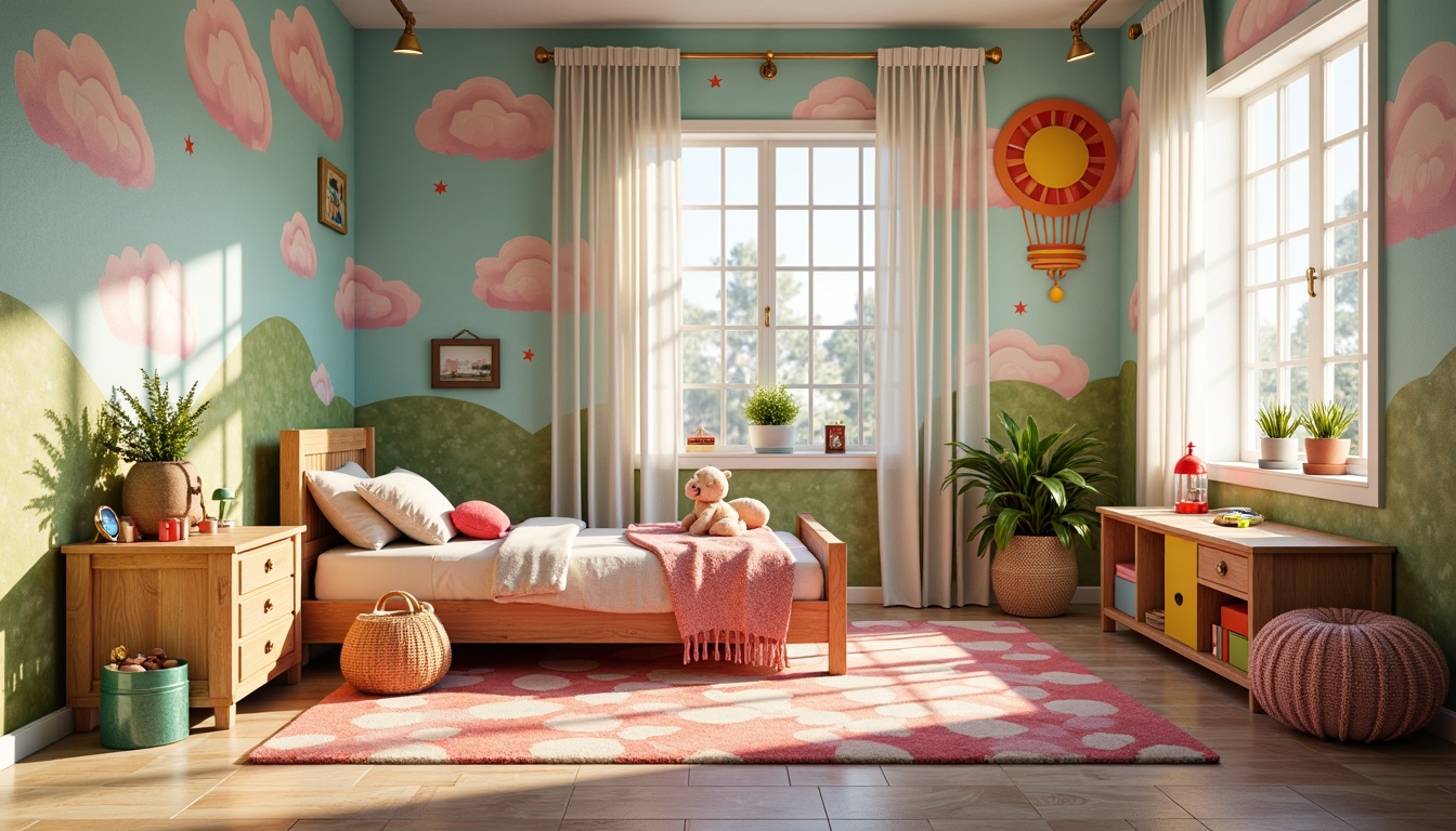 Prompt: Whimsical kids' room, vibrant color scheme, playful furniture, soft pastel hues, warm cozy lighting, table lamps, floor lamps, string lights, colorful rugs, fluffy carpets, textured walls, fantastical murals, dreamy clouds, sunny windows, sheer curtains, gentle breeze, creative storage solutions, wooden toys, stuffed animals, lively patterns, expressive brushstrokes, exaggerated forms, abstract shapes, joyful atmosphere, 1/1 composition, soft focus, warm glow lighting.