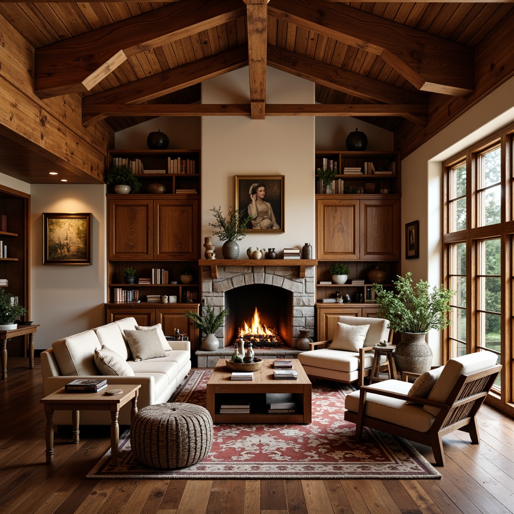 Prompt: Cozy family room, warm wood tones, rich walnut paneling, comfortable plush furniture, rustic wooden accents, natural stone fireplace, earthy color palette, soft warm lighting, shallow depth of field, 1/1 composition, intimate atmosphere, traditional craftsmanship, ornate wooden trim, decorative ceiling beams, wooden floorboards, woven textiles, vintage decorative items, nostalgic artifacts, inviting reading nook, comfortable conversation pit.