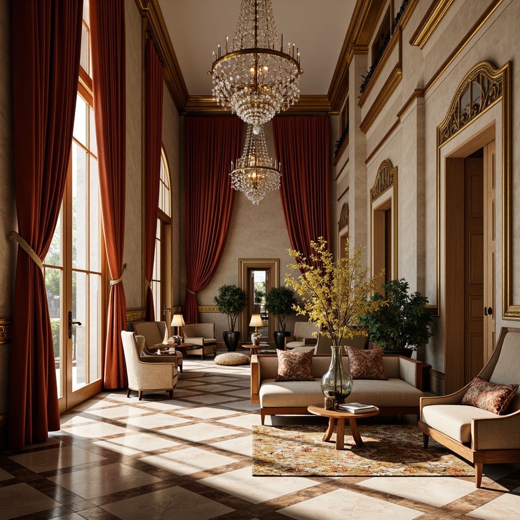 Prompt: Luxurious Art Deco villa, opulent fabrics, rich velvets, metallic accents, bold geometrics, ornate patterns, lavish drapery, plush furnishings, crystal chandeliers, polished marble floors, grand staircases, glamorous Hollywood Regency style, sophisticated neutral tones, champagne gold accents, rich jewel-toned hues, soft warm lighting, dramatic shadows, 1/2 composition, elegant textures, ambient occlusion.