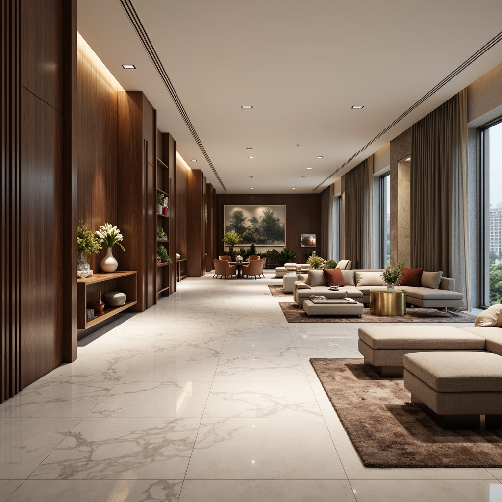 Prompt: Polished marble floors, sleek wooden tables, minimalist metallic accents, soft-cushioned sofas, velvety rugs, calm neutral colors, serene ambient lighting, shallow depth of field, 3/4 composition, panoramic view, realistic textures, ambient occlusion.