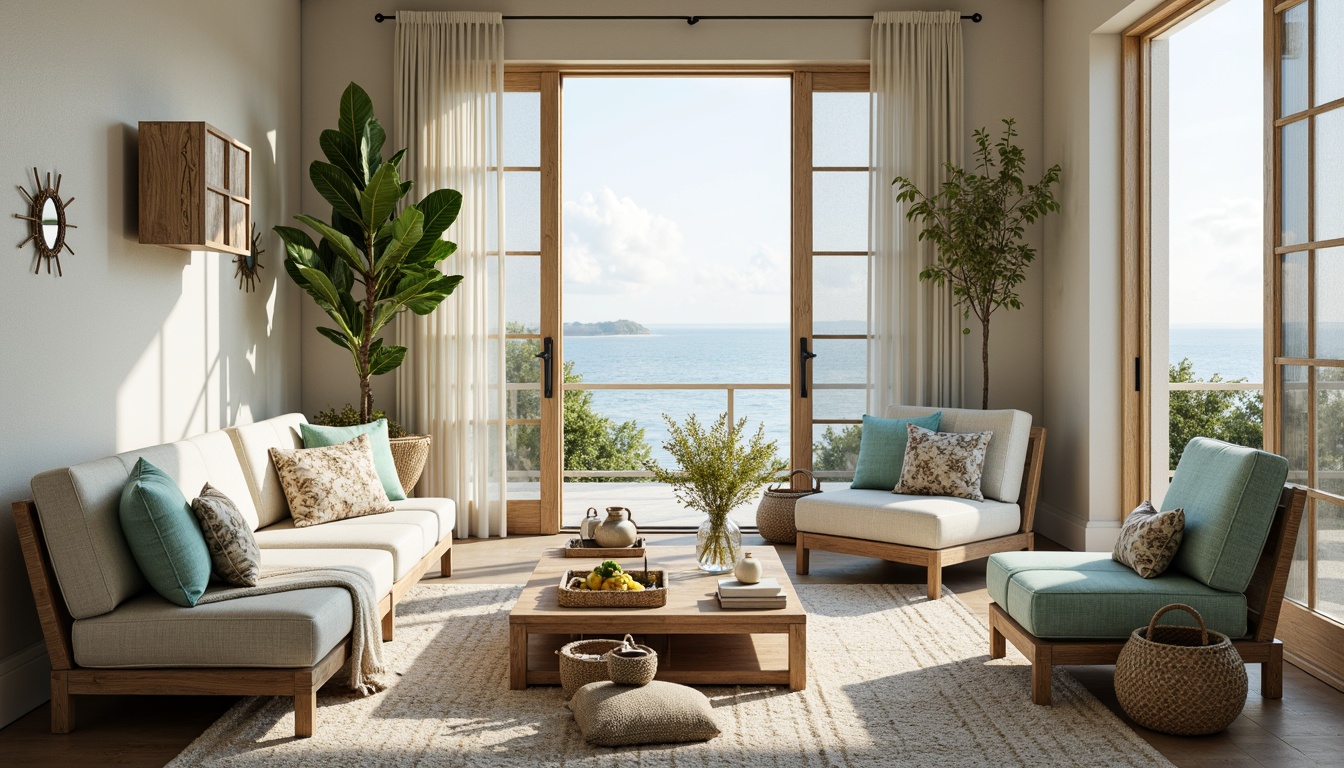 Prompt: Natural woven fibers, ocean-inspired patterns, driftwood accents, sea salt-weathered textures, coral-colored fabrics, wave-motif upholstery, distressed wood furniture, nautical rope details, shells and pebbles embellishments, soft blue-green hues, beachy vibes, coastal cottage feel, warm sunny lighting, shallow depth of field, 1/1 composition, realistic renderings, ambient occlusion.