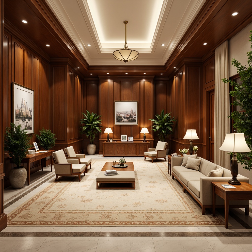 Prompt: Elegant executive office, rich wood paneling, ornate furnishings, luxurious fabrics, sophisticated lighting fixtures, classic artwork, refined accessories, subtle patterns, warm beige tones, comfortable seating areas, lavish plants, polished marble floors, stately columns, ornamental ceiling details, traditional architectural style, symmetrical composition, formal atmosphere, soft box lighting, realistic textures, ambient occlusion.