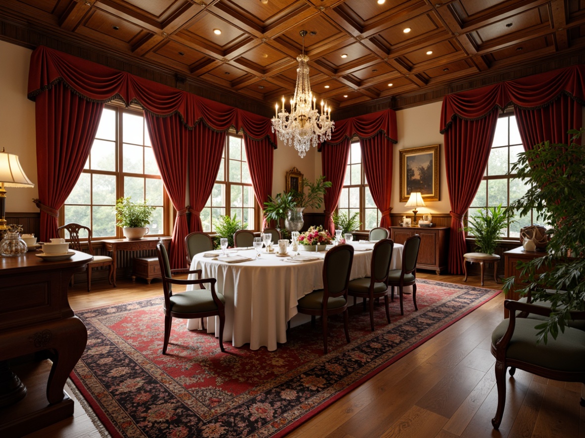 Prompt: Elegant traditional dining room, rich wood furnishings, ornate carvings, luxurious velvet drapes, crystal chandeliers, formal table settings, lace tablecloths, fine china cabinets, intricately patterned rugs, warm golden lighting, soft focus, 1/1 composition, shallow depth of field, realistic textures.