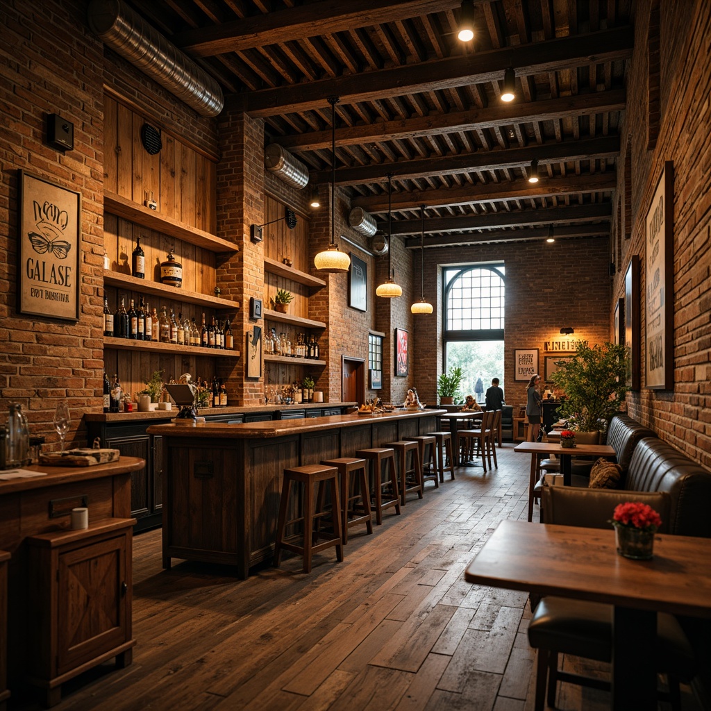 Prompt: Rustic bar interior, reclaimed wood walls, distressed wooden planks, earthy color palette, natural stone accents, exposed brick columns, metal beam ceilings, pendant lighting fixtures, vintage decor elements, wooden crates, antique signs, warm cozy ambiance, soft warm lighting, shallow depth of field, 1/2 composition, rustic textures, ambient occlusion.