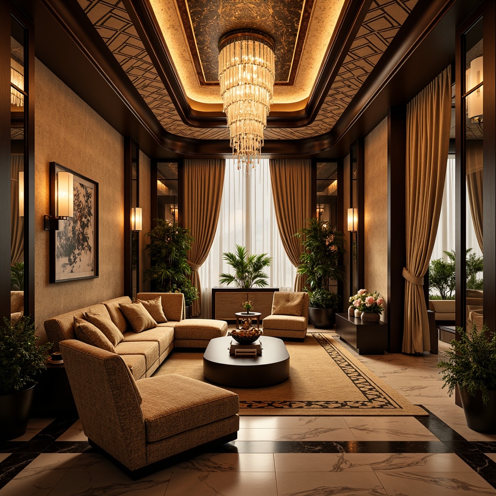 Prompt: Luxurious Art Deco villa, opulent furnishings, geometric patterns, metallic accents, velvet textiles, marble floors, ornate ceilings, grand chandeliers, lavish drapery, rich wood tones, curved lines, elegant proportions, sophisticated ambiance, warm golden lighting, shallow depth of field, 1/1 composition, realistic reflections, ambient occlusion.