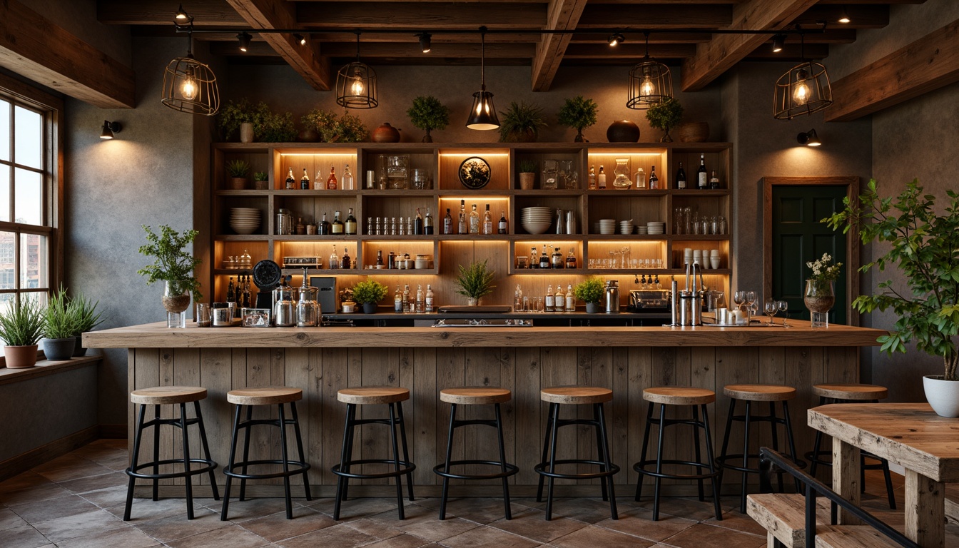 Prompt: Rustic home bar, reclaimed wood stools, distressed metal frames, vintage-inspired designs, earthy tone fabrics, natural stone countertops, wooden barrel tables, pendant lamps, warm cozy ambiance, dim soft lighting, 1/1 composition, shallow depth of field, realistic textures, ambient occlusion.