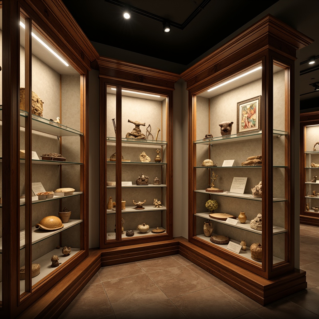 Prompt: Museum-style display cases, elegant wooden frames, glass shelves, LED lighting, ambient warm tones, soft focus, shallow depth of field, 1/2 composition, realistic textures, subtle shadows; ancient artifacts, relics, historical objects, cultural treasures, intricate carvings, ornate details, faded colors, worn patina, nostalgic atmosphere; natural history specimens, taxidermy animals, fossil exhibits, geological samples, educational labels, interactive displays, immersive storytelling.