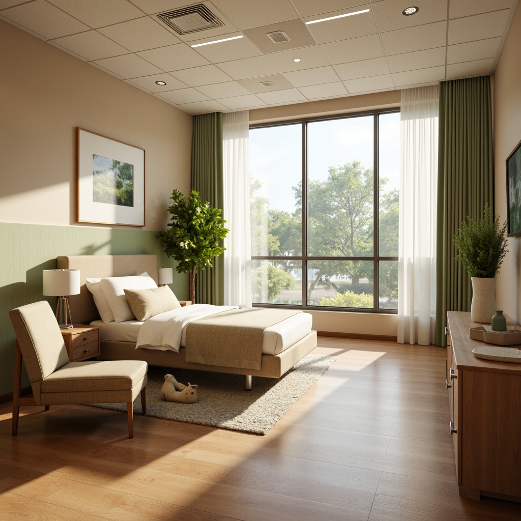 Prompt: Cozy hospital room, soft beige walls, calming green accents, comfortable patient bed, adjustable headboard, built-in bedside table, ergonomic chair, warm wood flooring, natural light pouring in, large windows, gentle curtain drapes, minimal medical equipment, hidden storage cabinets, acoustic ceiling tiles, sound-absorbing materials, peaceful atmosphere, warm color scheme, 1/1 composition, shallow depth of field, softbox lighting.