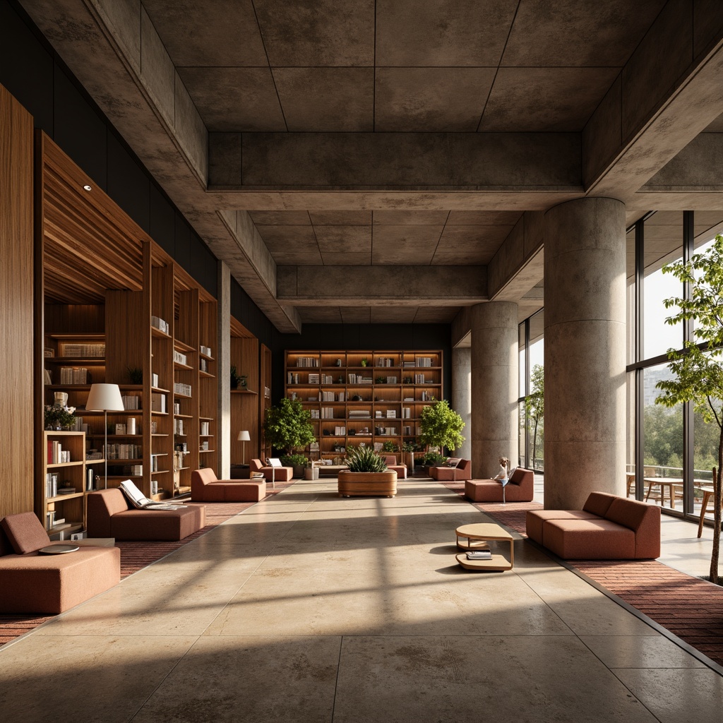 Prompt: Rustic wooden planks, polished marble floors, sleek metal beams, exposed concrete walls, warm terracotta tiles, soft carpeted areas, natural stone columns, minimalist design, modern industrial aesthetic, urban loft atmosphere, cozy reading nooks, ambient lighting, 1/1 composition, shallow depth of field, realistic textures, subtle color palette, earthy tones.