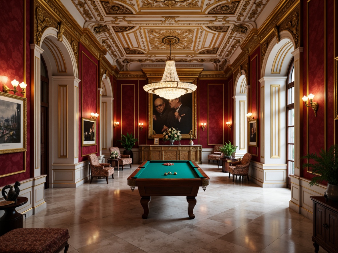 Prompt: Richly ornamented game room, intricate molding details, luxurious velvet fabrics, ornate golden frames, lavish crystal chandeliers, smooth marble floors, high ceilings, majestic columns, soft warm lighting, subtle shadows, 1/1 composition, shallow depth of field, realistic textures, ambient occlusion, ornamental patterns, elegant furnishings, sophisticated color palette, creamy whites, rich woods, deep reds.