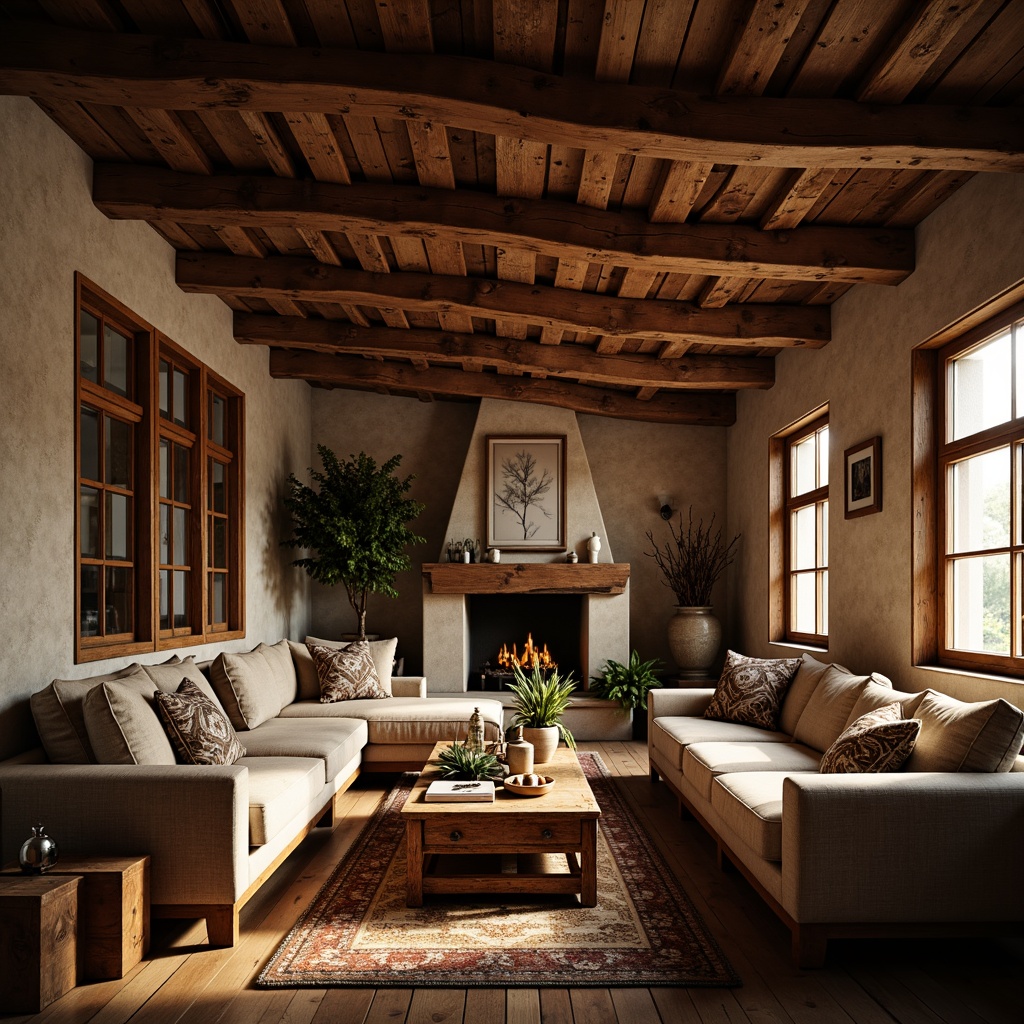 Prompt: Cozy living room, exposed wooden beams, rustic charm, earthy tones, natural materials, warm lighting, comfortable furnishings, plush textiles, vintage decorative items, traditional craftsmanship, ornate wood carvings, rich brown colors, soft warm glow, shallow depth of field, 1/1 composition, realistic textures, ambient occlusion.