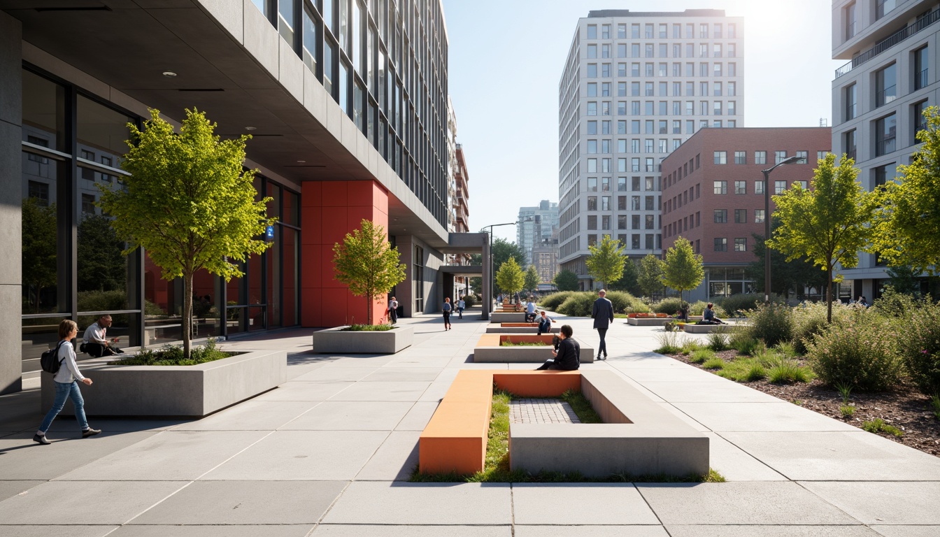 Prompt: Open-air plaza, minimalist benches, sleek metal railings, industrial-style lighting fixtures, functional simplicity, geometric shapes, primary color accents, clean lines, rectangular forms, urban landscape, concrete pavement, modern cityscape, warm sunny day, high contrast shading, shallow depth of field, 3/4 composition, symmetrical framing, abstract textures, atmospheric perspective.