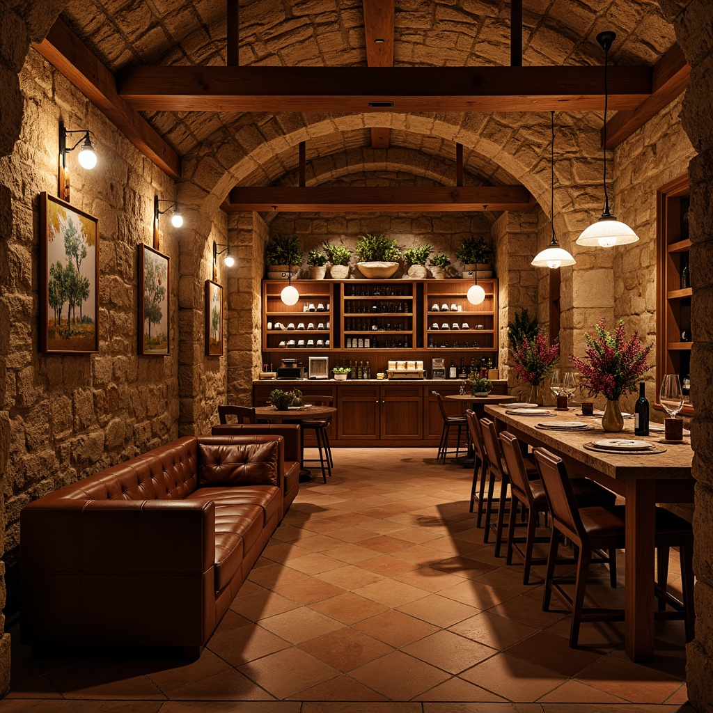 Prompt: Earthy wine cellar, rustic stone walls, wooden barrel racks, dim warm lighting, rich leather furnishings, vintage wine bottles, earthy terracotta flooring, natural stone countertops, reclaimed wood accents, elegant metalwork, sophisticated chandeliers, soft warm glow, shallow depth of field, 2/3 composition, intimate atmosphere, realistic textures, ambient occlusion.