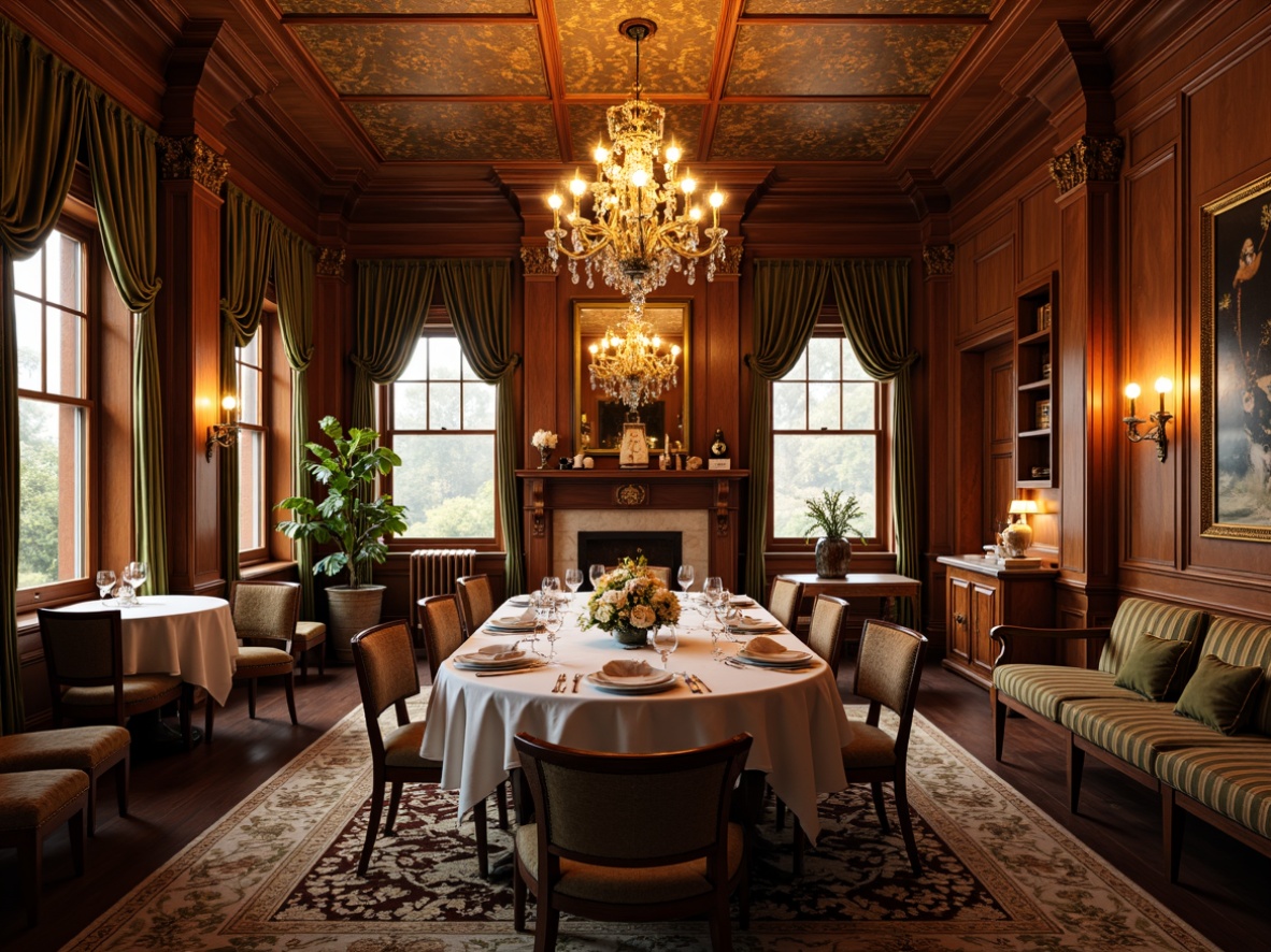 Prompt: Luxurious dining room, rich wood furniture, ornate carvings, elegant chandeliers, warm golden lighting, velvet drapes, patterned rugs, traditional English style, floral upholstery fabrics, subtle sheen, intricate embroidery, classic stripes, sophisticated neutrals, refined textures, ornamental accents, cozy ambiance, inviting atmosphere, warm color palette, nostalgic feel, 1/2 composition, soft focus, warm glow, realistic rendering.